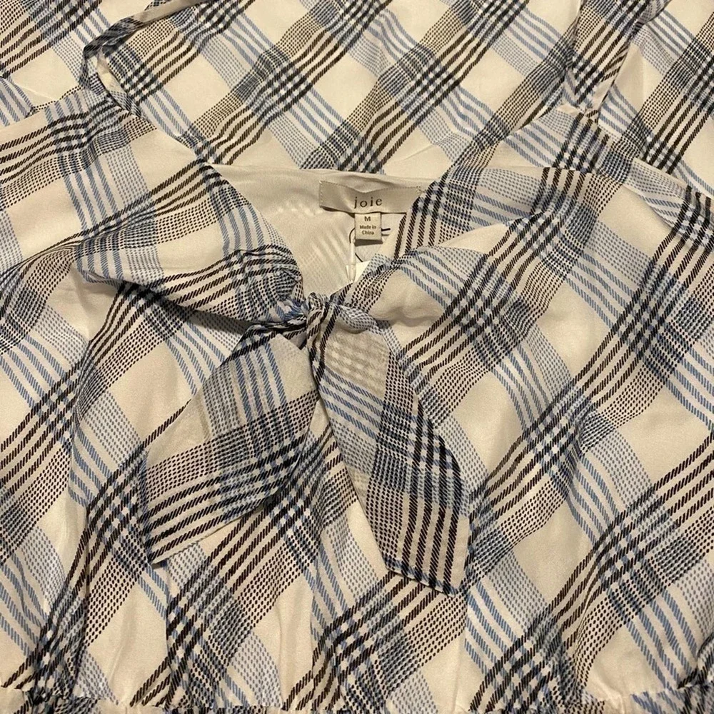 JOIE Plaid White & Blue Abiah 100% Silk Midi Dress Size Medium
